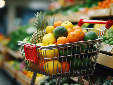 Shopping cart full of fruits and vegetables. World Vegetarian Dayの素材