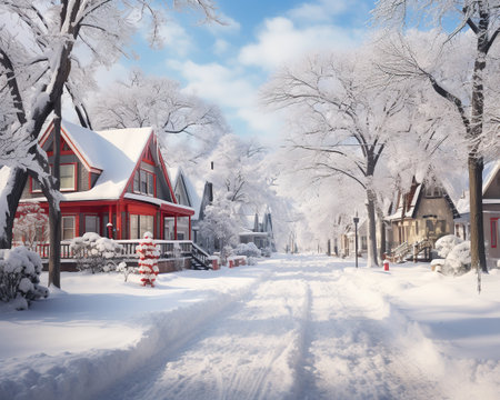 Snow-covered street of a small suburban town. Winter mood, white Christmasの素材