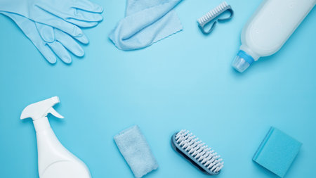 Various accessories cleaning products, sprays, rags, sponges and brushes. Top view, flat lay, copy...