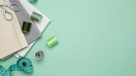 Composition with various threads and sewing accessories on green background. Top view, copy spaceの写真素材