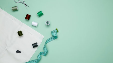 Composition with various threads and sewing accessories on green background. Top view, copy spaceの写真素材