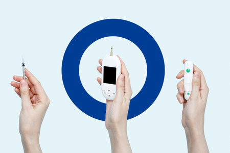 Female hands holding glucometer for measuring blood glucose levels and insulin syringe. Concept of worldwide diabetes awareness with blue circle symbolの写真素材