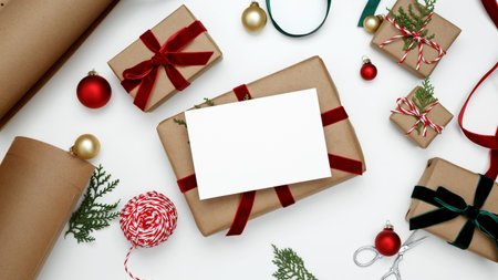 Holiday wrapping materials and decorations Christmas gift mockup with white card on topの写真素材