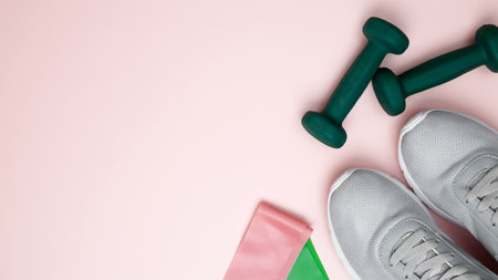 Athlete's equipment set dumbbells, resistance band. Healthy lifestyleの写真素材