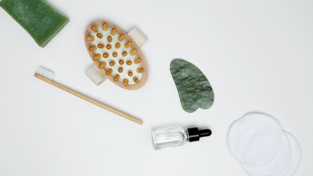 Embodying a sustainable self-care concept. Eco-friendly beauty essentials, face serum, including bamboo toothbrushの写真素材
