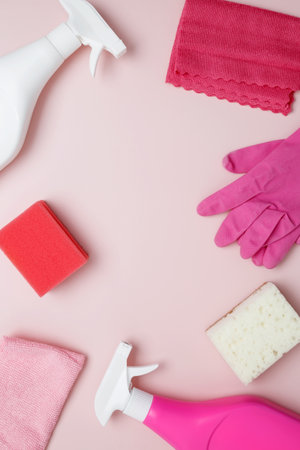 Household cleaning and hygiene concept. Pink cleaning supplies including rubber gloves, spray bottle, sponge, and microfiber clothsの写真素材