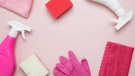 Household cleaning and hygiene concept. Pink cleaning supplies including rubber gloves, spray bottle, sponge, microfiber clothsの写真素材