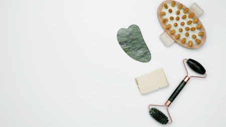 Embodying a sustainable self-care concept. Eco-friendly beauty essentials, marble face rollerの写真素材
