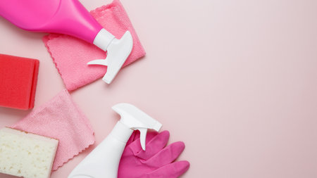 Household cleaning and hygiene concept. Pink cleaning supplies including rubber gloves, spray bottle, sponge, and microfiber clothsの写真素材