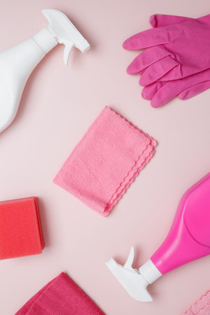 Household cleaning and hygiene concept. Pink cleaning supplies including rubber gloves, spray bottle, sponge, microfiber clothsの写真素材