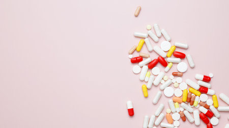 Various medication tablets and capsules. Concept of healthcare and medicineの写真素材