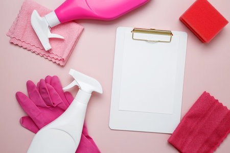 Household cleaning and hygiene concept. Mock up clipboard. Pink cleaning supplies including rubber gloves, spray bottle, microfiber clothsの写真素材