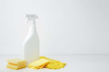 Cleaning supplies branding mockup, ready for a productive and satisfying spring refresh. Household cleaning and hygiene concept conceptの写真素材