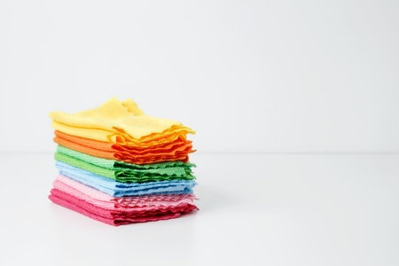 Colorful cleaning cloths neatly arranged, bringing brightness and energy to spring chores. Household cleaning and hygiene concept conceptの写真素材