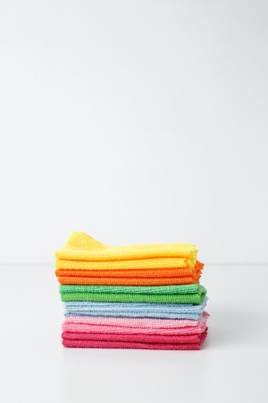 Colorful cleaning cloths neatly arranged, bringing brightness and energy to spring chores. Household cleaning and hygiene concept conceptの写真素材