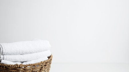 Household cleaning and hygiene concept packaging. Basket filled with clean white towels in a neat arrangementの写真素材
