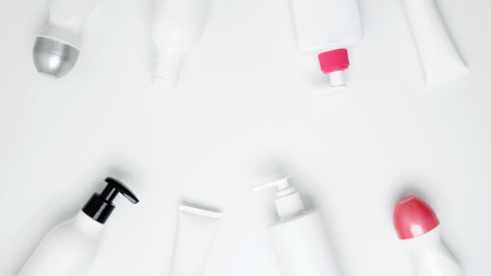 Bottles and tubes with branding mock up. Cosmetic beauty products. Skin care and beauty conceptの写真素材