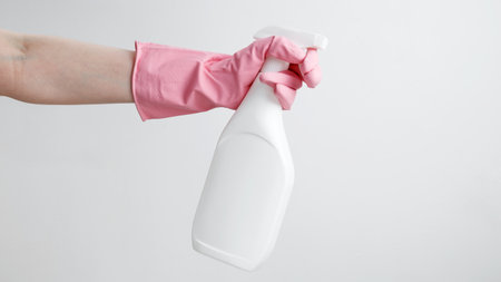 Household cleaning and hygiene concept. Cleaning supplies branding mockup, ready for a productive...