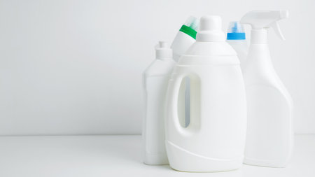 Household cleaning and hygiene concept. Various cleaning supplies mockup, symbolizing spring cleaningの写真素材