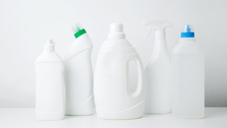Household cleaning and hygiene concept. Various cleaning supplies mockup, symbolizing spring cleaningの写真素材