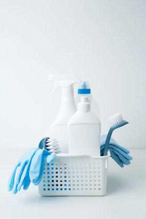 Cleaning supplies in a container, ready for a productive and satisfying spring refresh. Household cleaning and hygiene conceptの写真素材