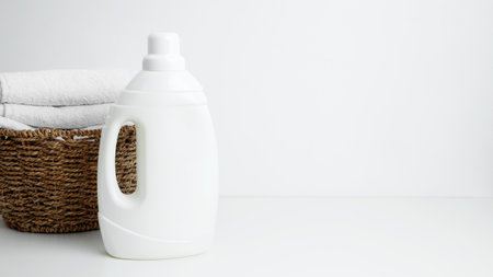 Household cleaning and hygiene concept packaging. Laundry detergent branding mock up and basket...
