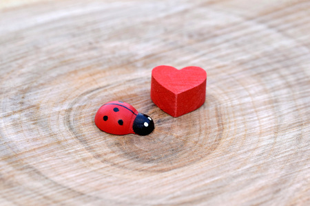 Wooden decoration - heart and ladybugの写真素材