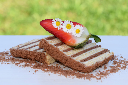 Slices of unbaked layered dessert made of flat biscuits and curd, decorated with daisies and...