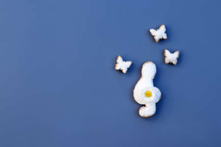 Creative concept with sugared cookies - treble clef and butterflies, decorated with daisy flower, copy space for textの写真素材