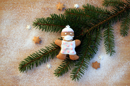 Cute gingerbread on a spruce twig, stars and small snowflakes on sugared background. Christmas or New year concept in coronavirus (COVID-19) time. Original greeting cardの写真素材
