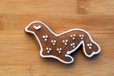 Cute gingerbread sea lion decorated with white icing, wooden backgroundの写真素材