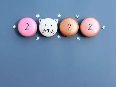 Three colorful round macaroons with numbers and one in the shape of cat on a blue background with...