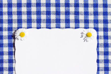 Blank white decorative paper with daisy flowers on checkered fabric, copy space for textの写真素材