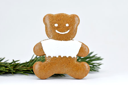 Smiling gingerbread bear with spruce twig, white background
