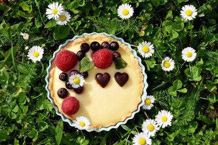Shortbread vanilla tartlet with fruits, two chocolate hearts, edible daisy flower and lemon balm...