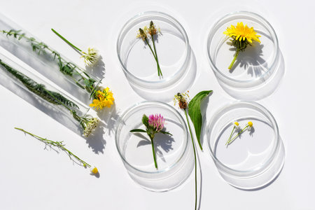 Petri dishes and test tubes with various kinds of herbs. Phytotherapy, herbal medicine. Laboratory researchの写真素材