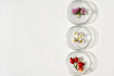 Petri dishes with various kinds of plants (red clover, daisy flowers and rose hips). Phytotherapy,...
