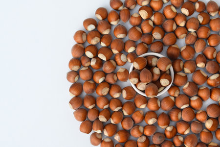 Hazelnuts in shell in a small bowl and around it, white background, copy space for textの写真素材