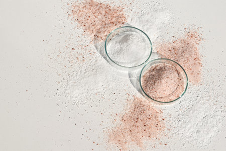 Common edible salt of white color and pink Himalayan salt in petri dishes and around, copy space for textの写真素材