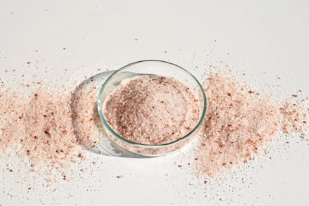 Himalayan salt in a petri dish and aroundの写真素材