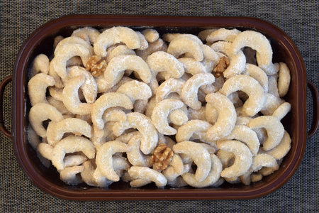 Vanilla rolls with walnuts - delicious Christmas cookies, homemade bakingの写真素材
