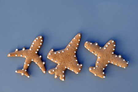 Gingerbread cookies in a shape of airplanes, blue backgroundの写真素材