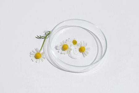 Petri dish with fresh chamomile and cosmetic product sample, white backgroundの写真素材