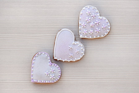 Romantic decorated gingerbread cookies in a shape of heart