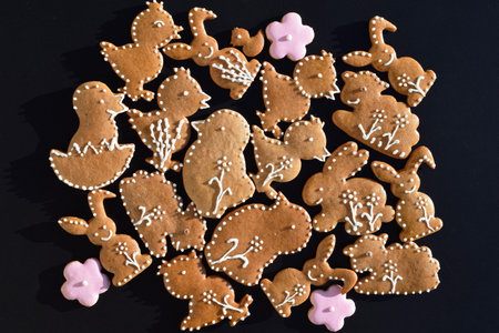 Romantic decorated Easter gingerbread cookies of various shapes
