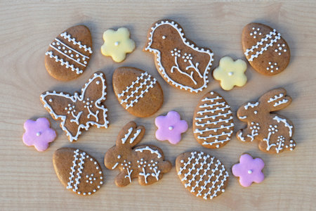 Romantic decorated Easter gingerbread cookies of various shapes