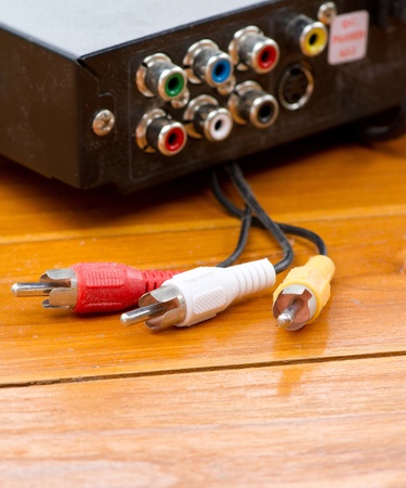 AV cable wire on wooden tableの写真素材