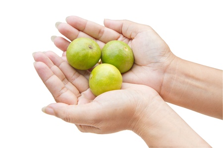 three lemon fruits on lady hand の写真素材
