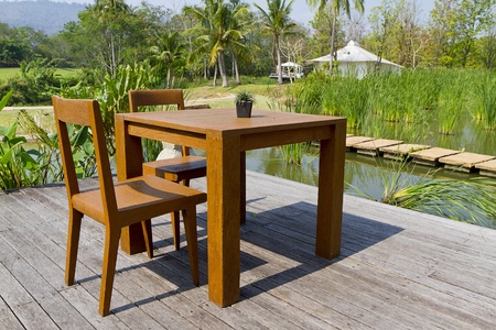 wooden chairs and tables on terraceのeditorial素材