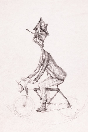 Surreal hand drawing, man riding a bike sketch decorative artworkの写真素材